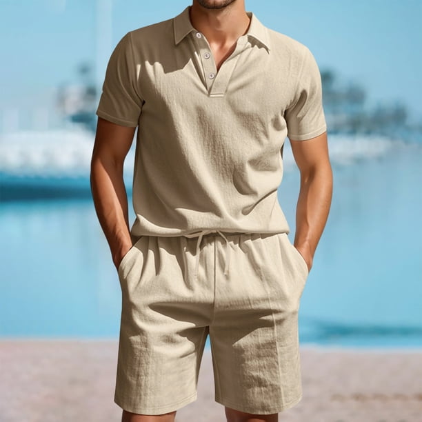 WILLBEST Traje de Verano para Hombre, de Carga Corta, Holgado, Informal, Transpirable, de Manga Corta, de Lino