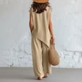 thumbnail image 6 of NMMUED Vacation Outfits for Women Casual 2 Piece Button Detail Top Wide Leg Pants Set Summer Boho Lounge Suits Beachwear Khaki 5XL, 6 of 7