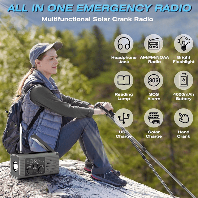 Emergency Radio Hand Crank Radio Multi-Function AM/FM/ Solar Hand Crank Emergency Radio SOS Alarm 4000mah Gray,1 x Solar Hand Crank Radio 1 x Data Cable,Gray