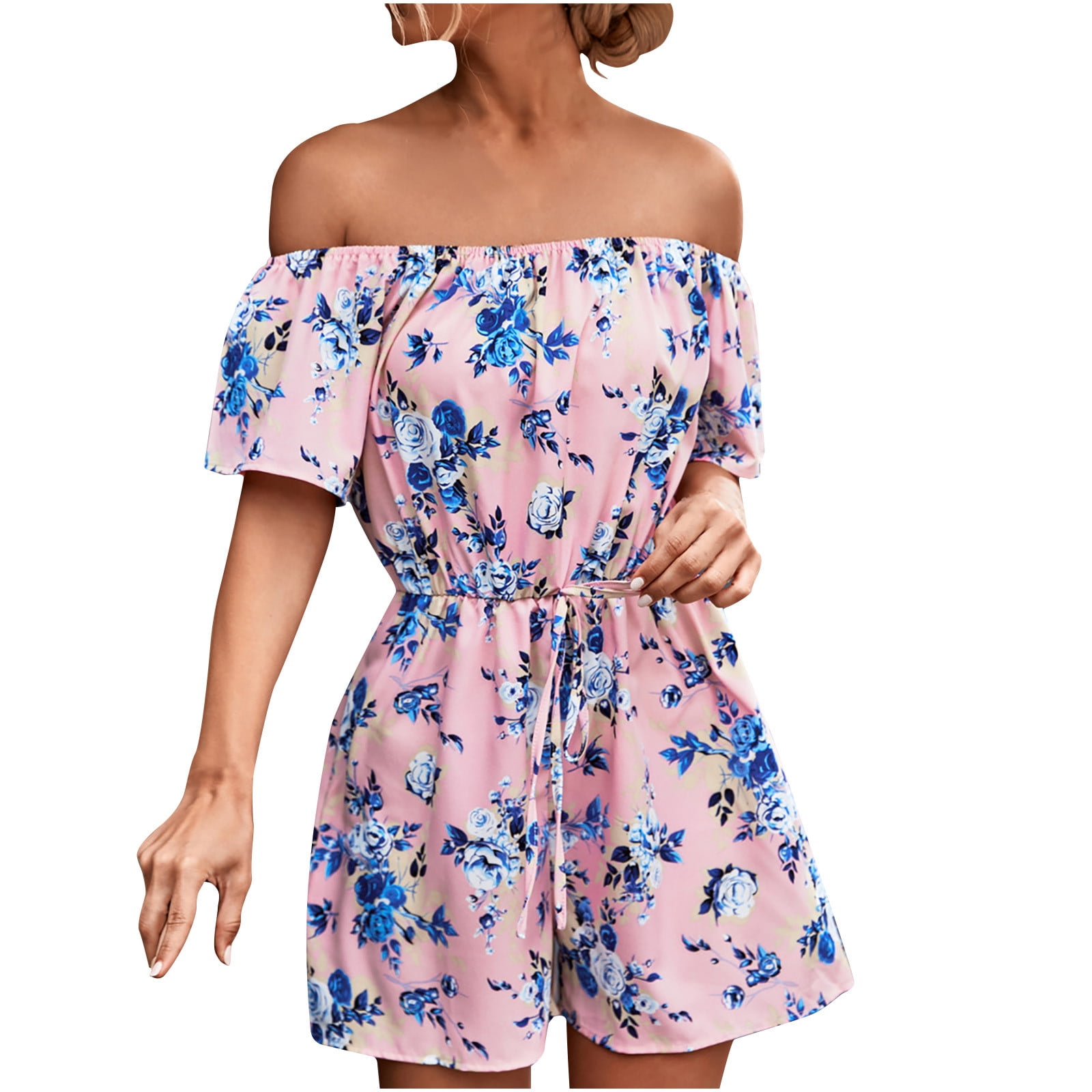 Women Off Shoulder Ruffle Floral Printed Jumpsuit Playsuits Summer Casual Sexy Short Sleeve Rompers -