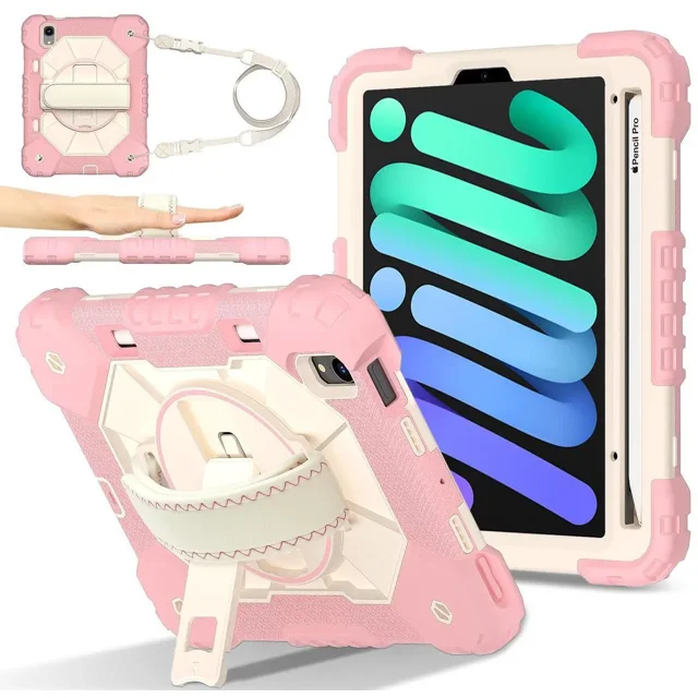 Case for iPad Mini 7 A17 Pro 2024 / iPad Mini 6 2021 8.3 Inch with Rotating Stand Pencil Holder Hand/Shoulder Strap, Heavy Duty Shockproof Protective Cover for iPad Mini 7th/6th Generation 8.3"