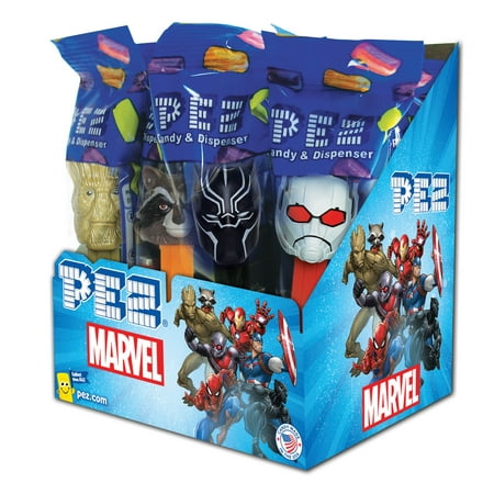 PEZ Candy Marvel Assortment , candy dispenser plus 2 rolls of assorted fruit candy, box of 12