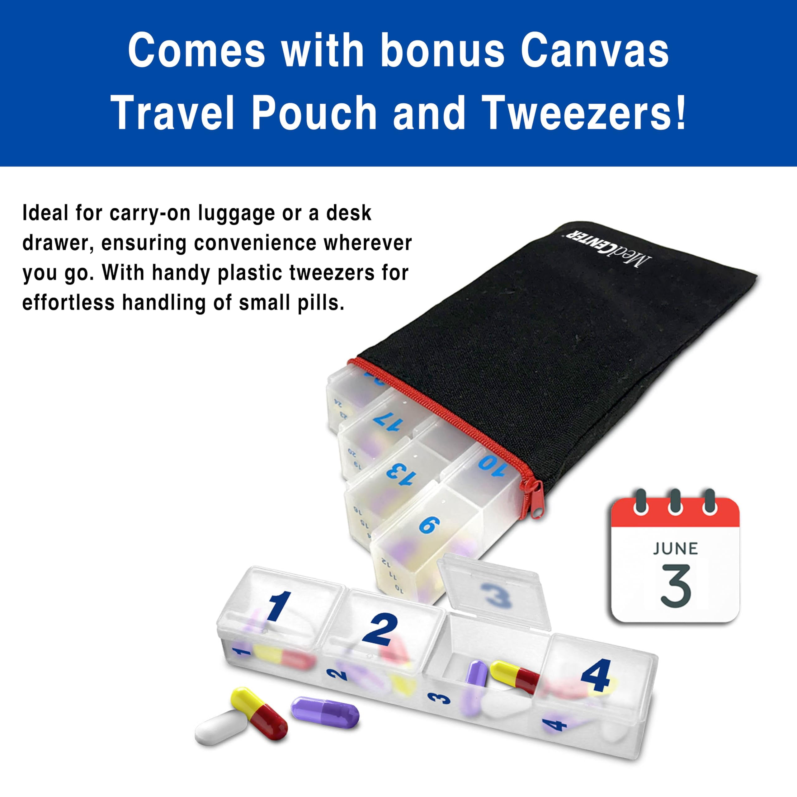 MEDCENTER Monthly Pill Organizer – 31-Day Pill System with Daily Numbered Boxes, Travel Canvas Pouch & Bonus Tweezers – Organized & Simple Medication