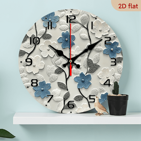 2D Flat, 1pc, Elegant 10-Inch Silent Wall Clock with Artistic Blue Floral Design - Wood Veneer, Round Flat Battery-Powered Clock (AA Not Included) - Ideal for Home Decor, Bedrooms, Living Rooms