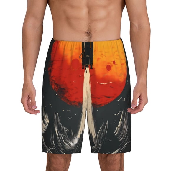 Balery Retro Space Rocket Launch Pantalones cortos de pijama de punto de algodón para hombre con cinturilla y bolsillos-Medium