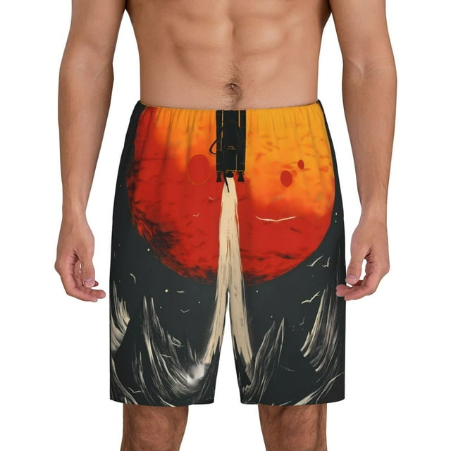 Balery Retro Space Rocket Launch Pantalones cortos de pijama de punto de algodón para hombre con cinturilla y bolsillos-Medium