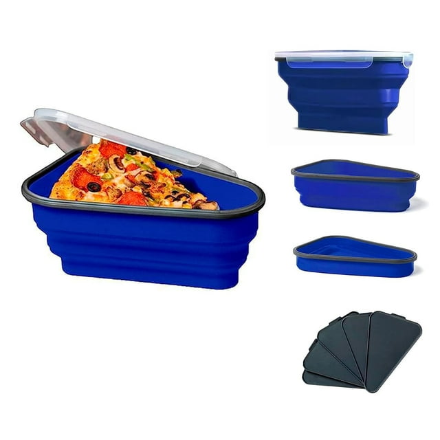 Reusable expandable pizza storage container with 5 microwaveable heating trays, adjustable silicone pizza box, space saving and leftover pizza slice container, microwave and dishwasher safe.