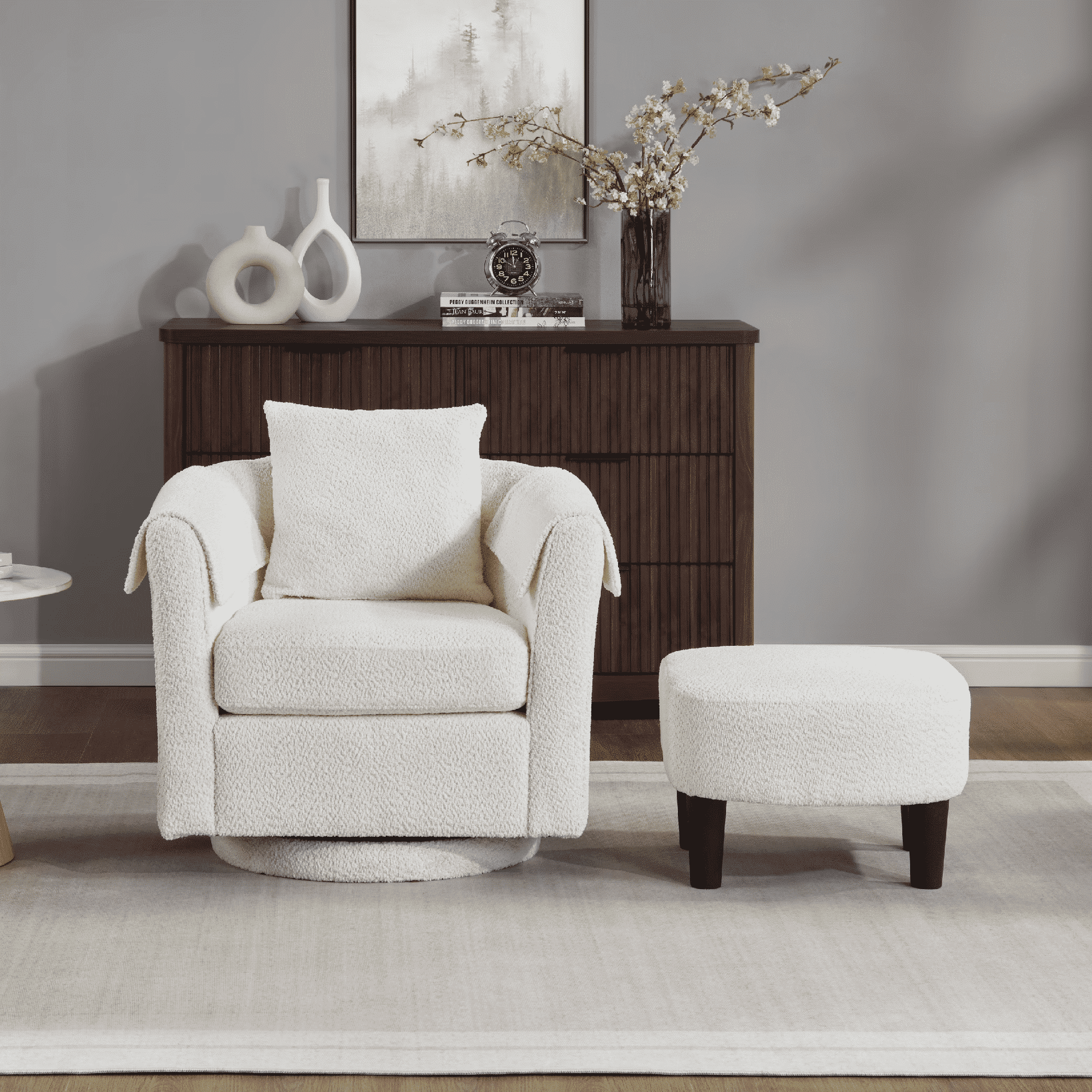 FunniHomi 18.5"D x 18.9"W Small Swivel Accent Chair, Upholstered Round Barrel Chair with Removable Back Pillow, Ottoman Set and Armrest Covers for Kids and Teens, White