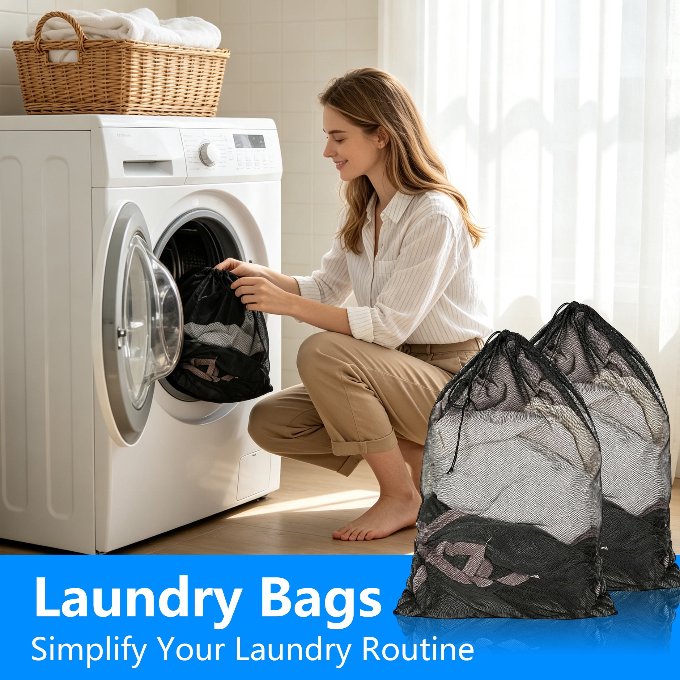 GARITIN 2 Pack Large Mesh Laundry Bags with Drawstring Lock, Heavy Duty Breathable Net Laundry Bag, Reinforced Stitching Wash Bag for Bedding, Towels, Clothes, Travel, Dorm