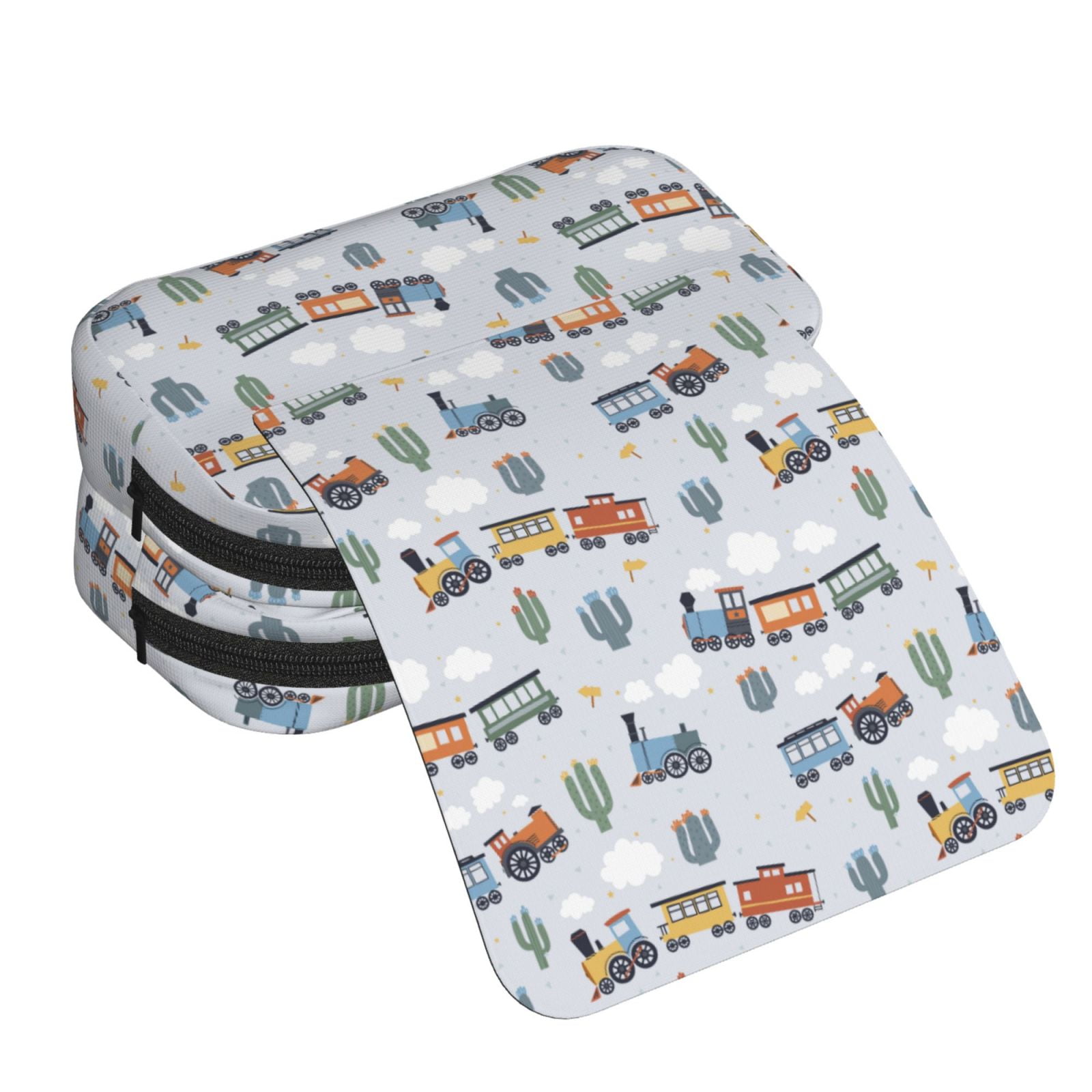 Rateoe Trains And Cactuse Pattern Double Clamshell Pen Case, Storage Organizer with Two Zipper Compartments– Holds Up to 50 Pencils & Pens