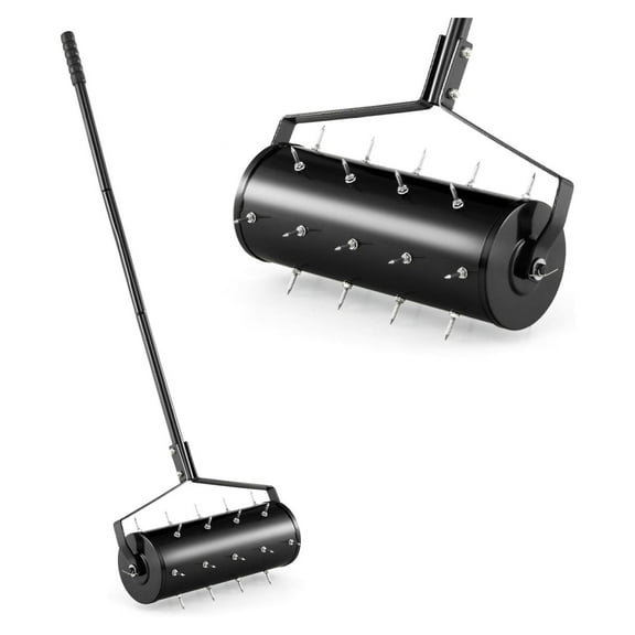 18" Manual Lawn Aerator, Heavy Duty Rolling Aerator Lawn Tool Filled Sand Stone with 51" Detachable Handle & Tine Spikes for Soil Loosening, Push Grass Aeration for Garden Yard, Black 18" Width