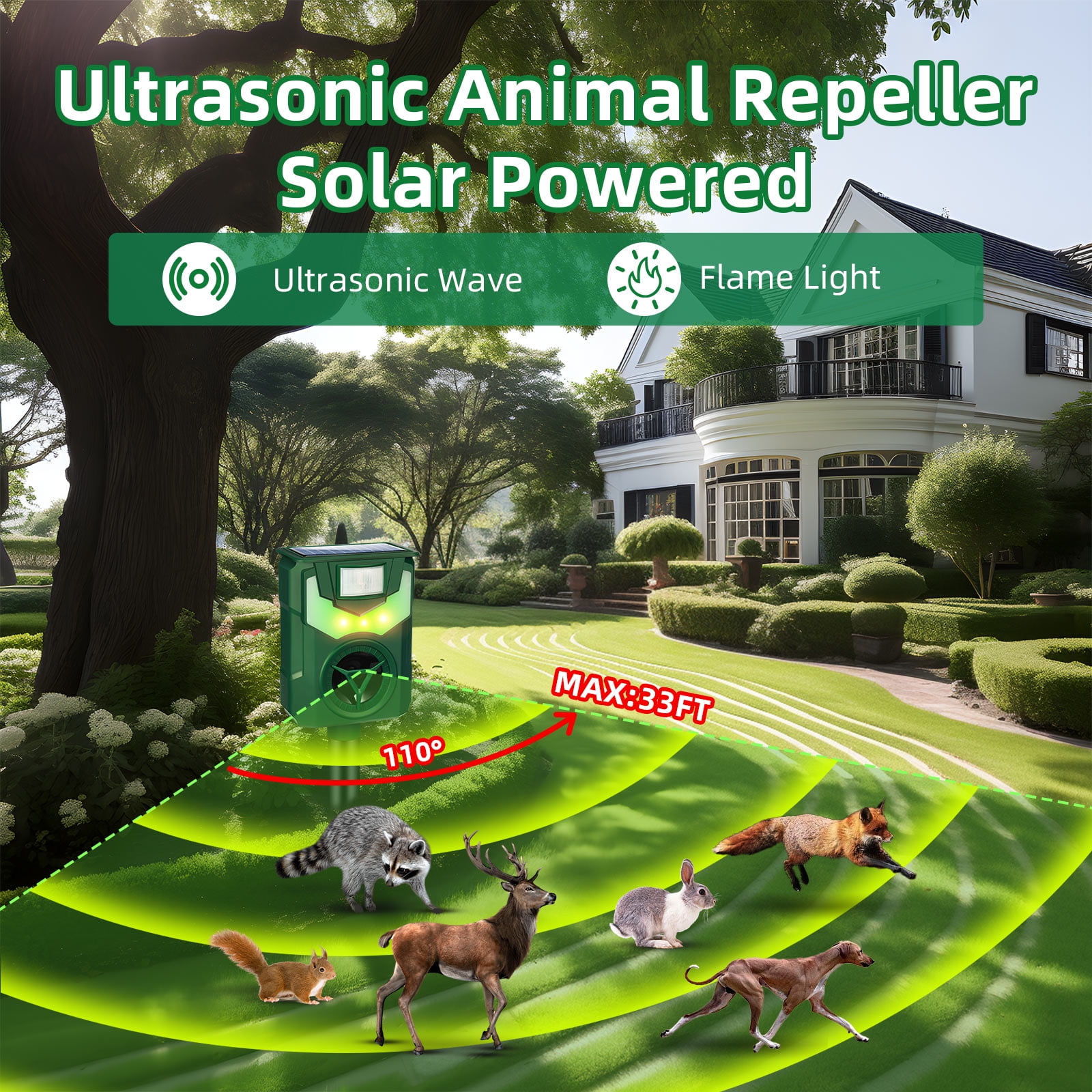 Ultrasonic Animal Repeller Solar Powered Outdoor,Deer Repellent Devices with Motion Sensor Flame Light Waterproof Animal Deterrent for Deer Raccoon Cat Squirrel Skunk Dog Rabbit Coyote and More