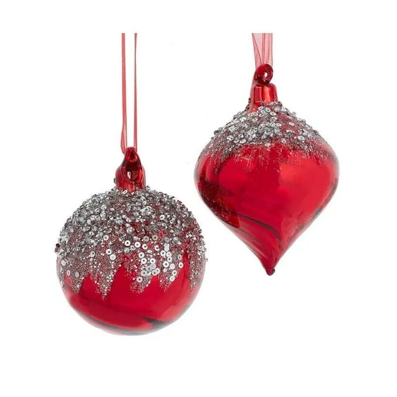 Set of 2 RED & SILVER Glass Ball & Onion Christmas Ornaments, by Kurt Adler
