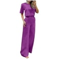 thumbnail image 2 of Brilliant Two Piece Outfits Women Plus Size Women Fall Temperament Casual Solid Color Long Sleeved Top+wide Leg Long Pants Suit Set Purple XL, 2 of 8