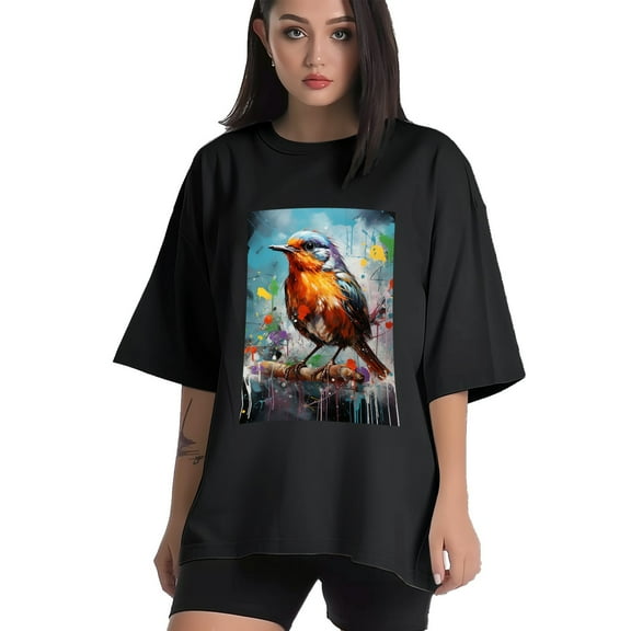 Plus Size Shirt for Women Black Tops for Women Short Sleeves Shirt for Women Colorful Bird4 T Shirt Crewneck Shirt for Women XS