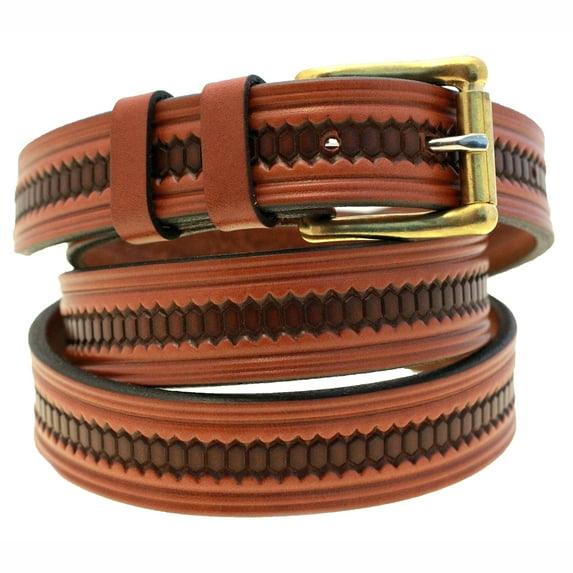 Mens 1 1/4" Medium Brown English Bridle Leather Belt Embossed Nickel-Free