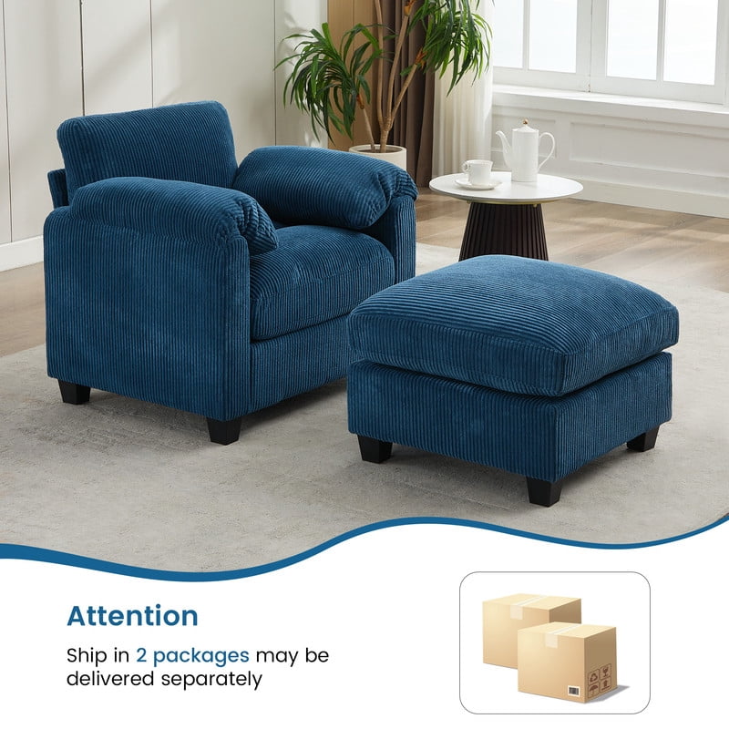 RIAFUN Single Sofa with Ottoman, Corduroy Accent Armchair Convertible Sectional Couch for Living Room Bedroom Reading Room, Navy