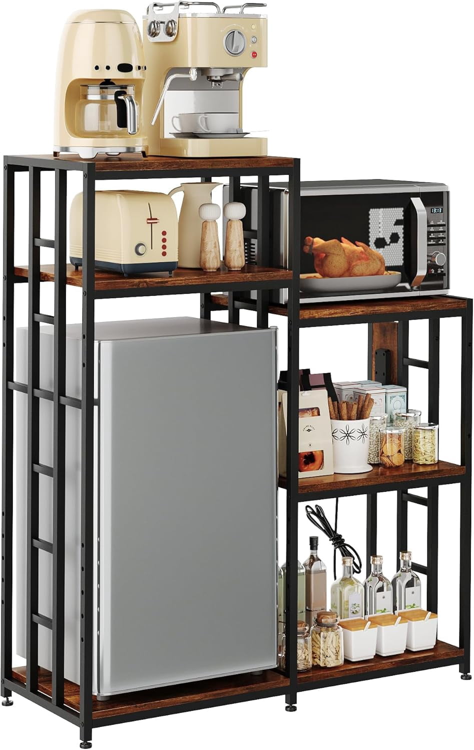 6-Tier Adjustable Mini Fridge Stand with Storage Shelf, Heavy Duty Kitchen Rack with 3 Power Outlets & Air Switch, Microwave and Coffee Bar Organizer, 360lbs Capacity for Dorm, Apartment