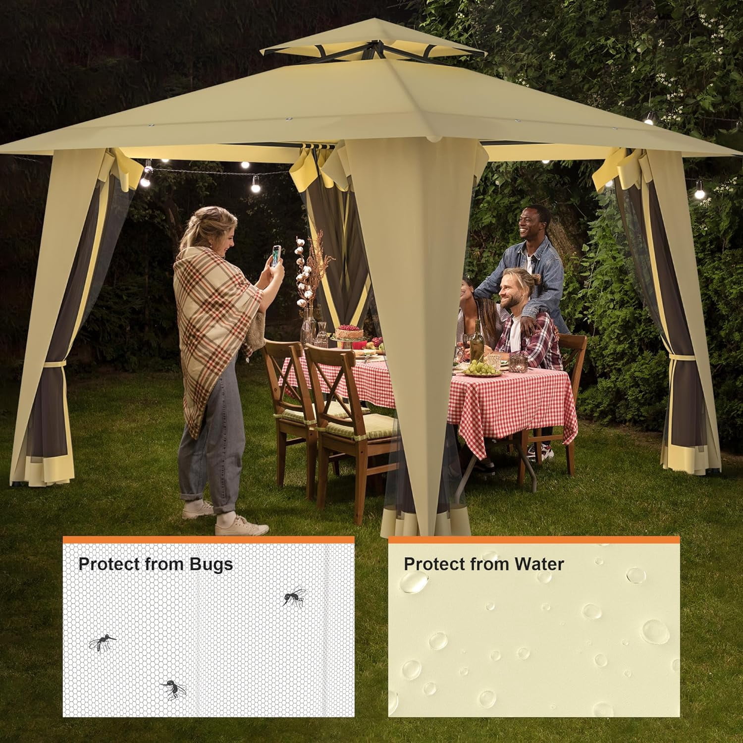 Phonjoroo Metal Patio Gazebo Outdoor 2-Tier Canopy Party Tent with Mesh Sidewalls 12x12 Beige