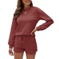 thumbnail image 1 of Conjunto de pijama para mujer, de punto, de manga larga, con top y pantalones cortos, informal, suelto, para la vida diaria, color rojo ladrillo L, 1 of 6
