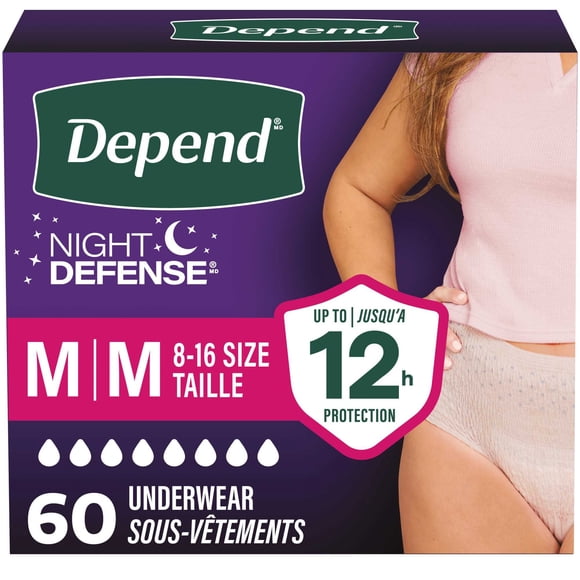 Sous-vêtements d’incontinence et fuites urinaires post-partum pour femmes adultes Depend Night Defense pour femmes, jetables, de nuit, taille moyenne, roses, 60 unités