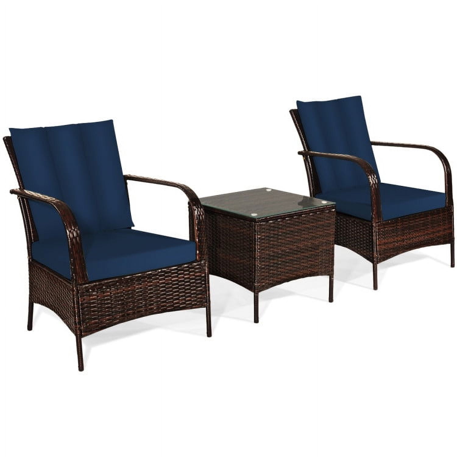 Aimee Lii 3 Pcs Patio Conversation Rattan Furniture Set, Small Patio Set with Glass Top Coffee Table and Cushions, Navy Aimee Lii 3 Pcs Patio Conversation Rattan Furniture Set, Small Patio Set with Glass Top Coffee Table and Cushions, Navy