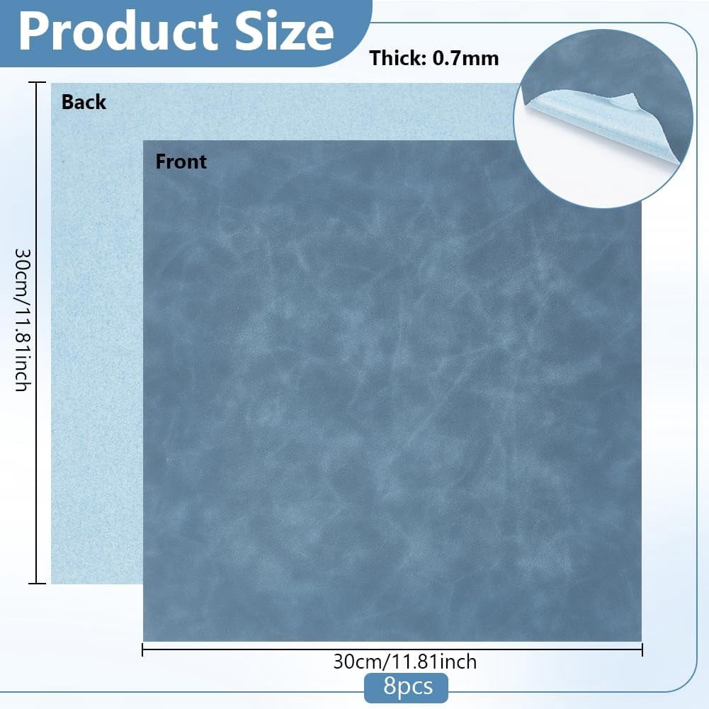 8Pcs Iron On Leather Patch 11.8x11.8inch Leatherette Sheets Heat Press Engraving Patches Blanks Leather Hat Patches for DIY Custom Hats Handbags Jackets Jeans Steel Blue