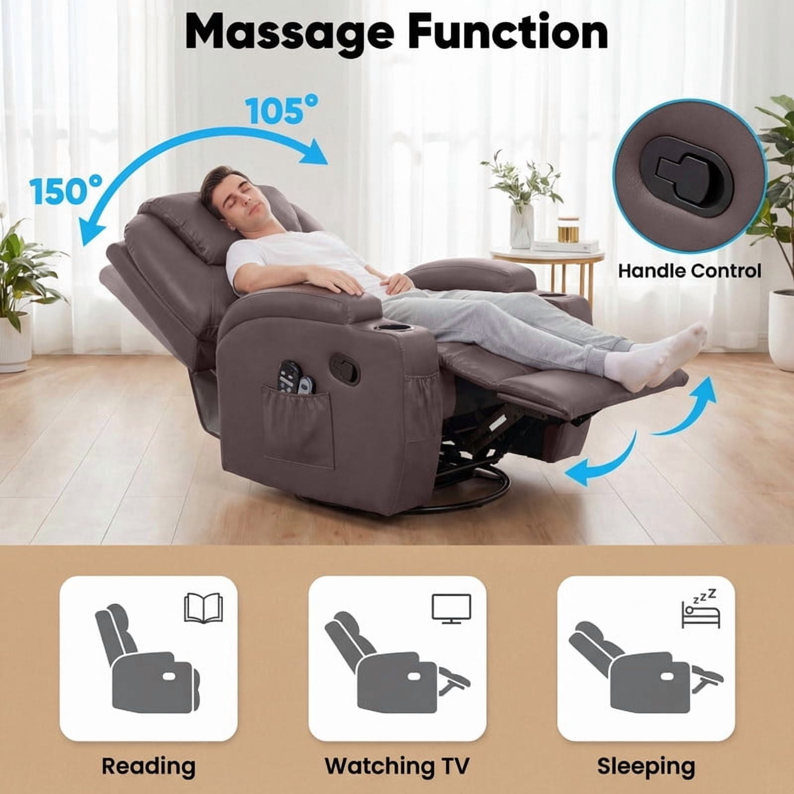 Lacoo PU Leather Swivel Rocker Recliner with Massage for Living Room Small Spaces Lounge Recliner Chair with Side Pockets for Adults,PU Brown