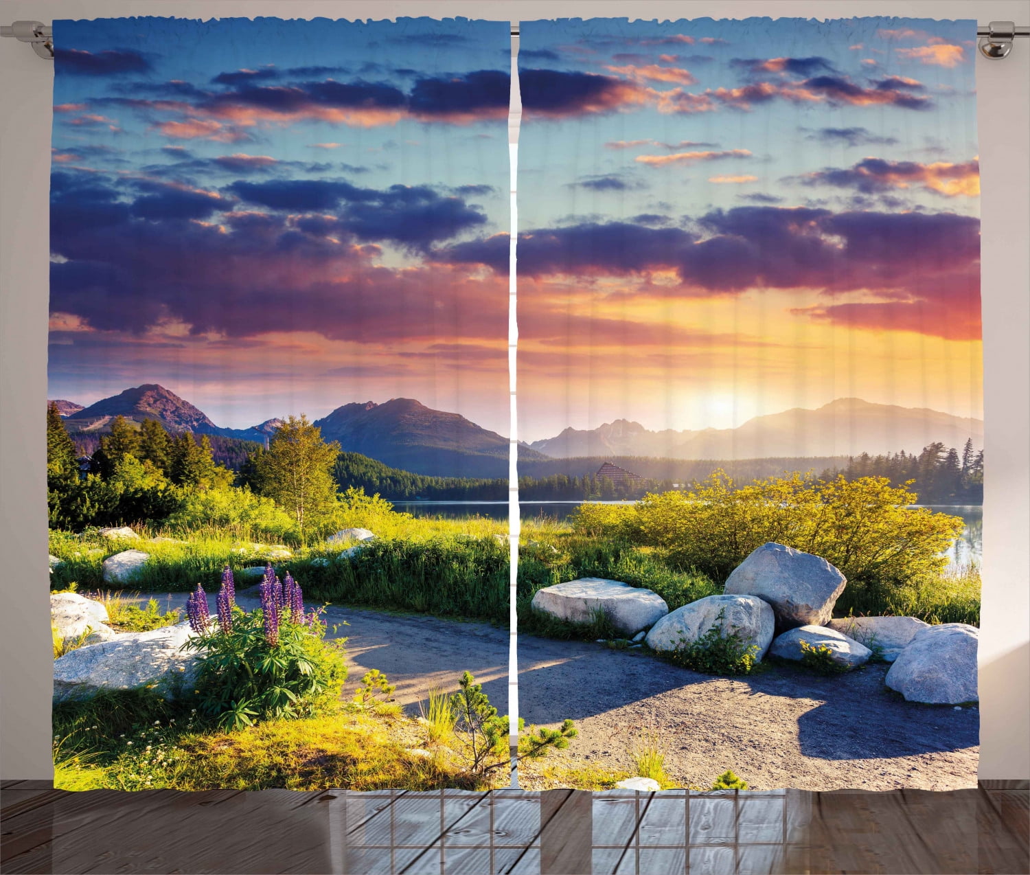 Nature Curtains 2 Panels Set, Idyllic Skyline in National Park on