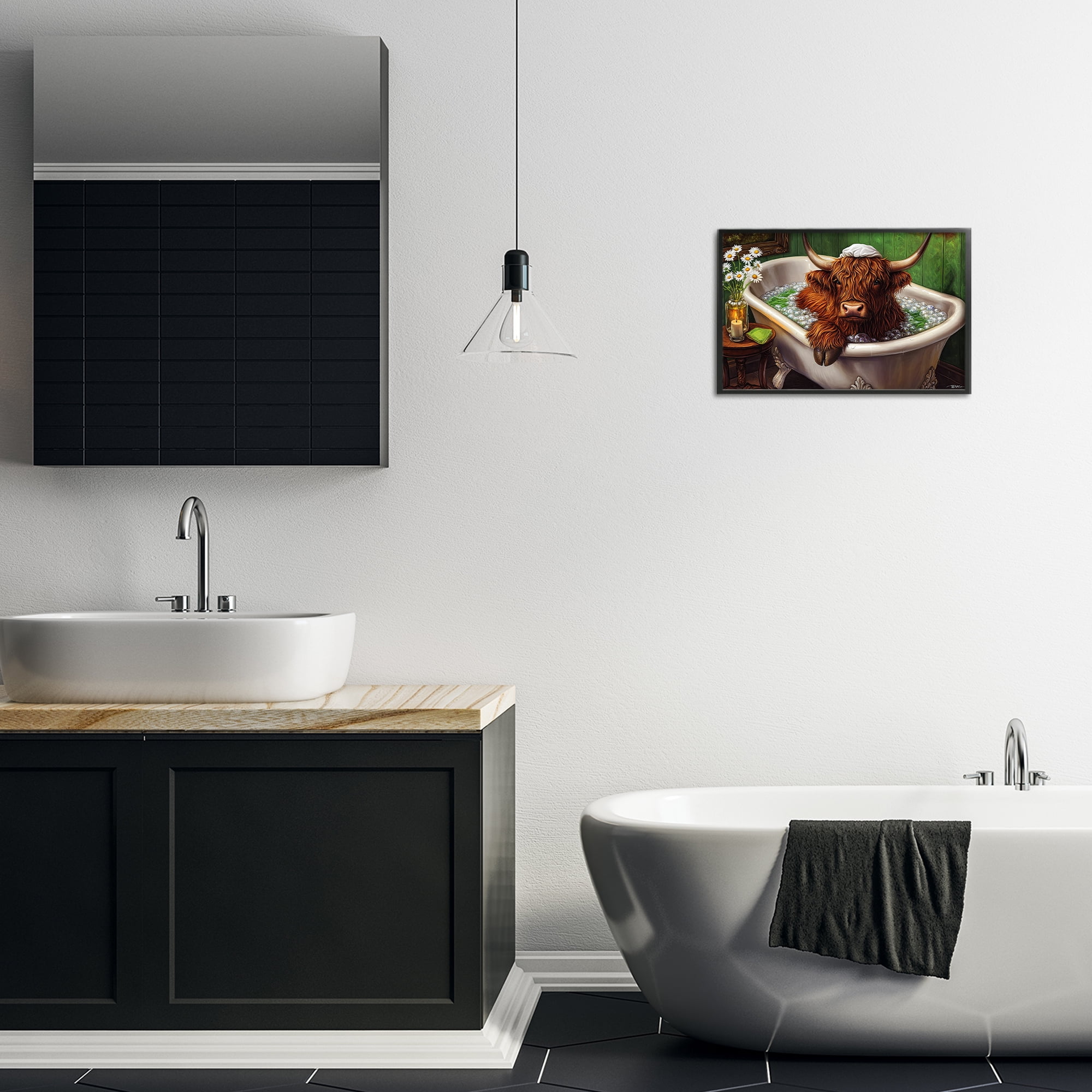 Highland in Candle Lit Bubble Bath Black Framed Giclee Art, design by Momart