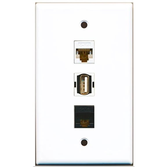 RiteAV - 1 Port USB A-A and 1 Port Cat6 Ethernet White and 1 Port Cat6 Ethernet Black Wall Plate