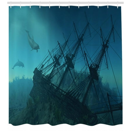 Shop Shower Curtain Nautical Shower Curtain, Dolphins Ruined Wreckage Underwater Sunken Ship Mystery Treasure, Fabric Bathroom Set with Hooks, Slate Blue Pale Blue Teal, by Ambesonne ()