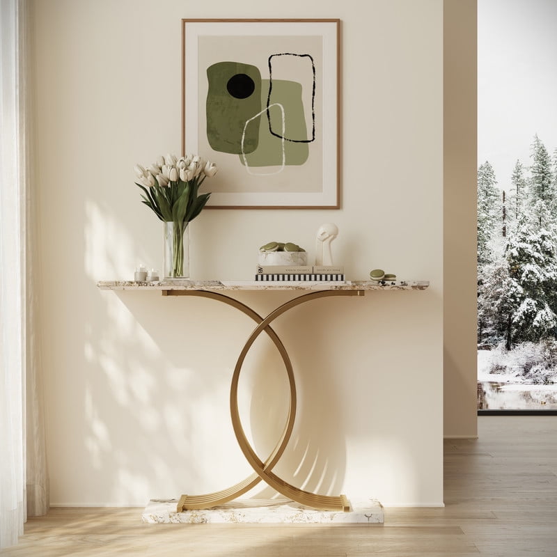 Accent Console Sofa Table with Gold Intertwined Crossed Metal Base, Entryway Display Side Table with Faux Marbling Top