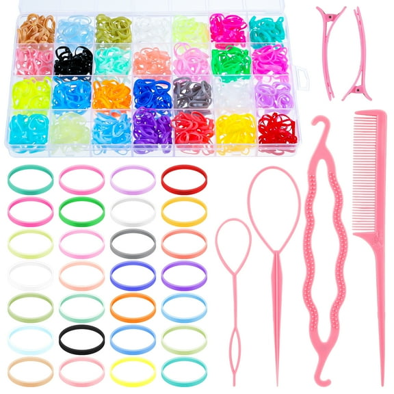 AOWOO  28 Colors Rubber Bands for Hair, 1600 pcs Small Elastic Baby Hair Ties with 6 Hair Styling Tools, Mini Hair Accessories for Girls Baby Toddlers