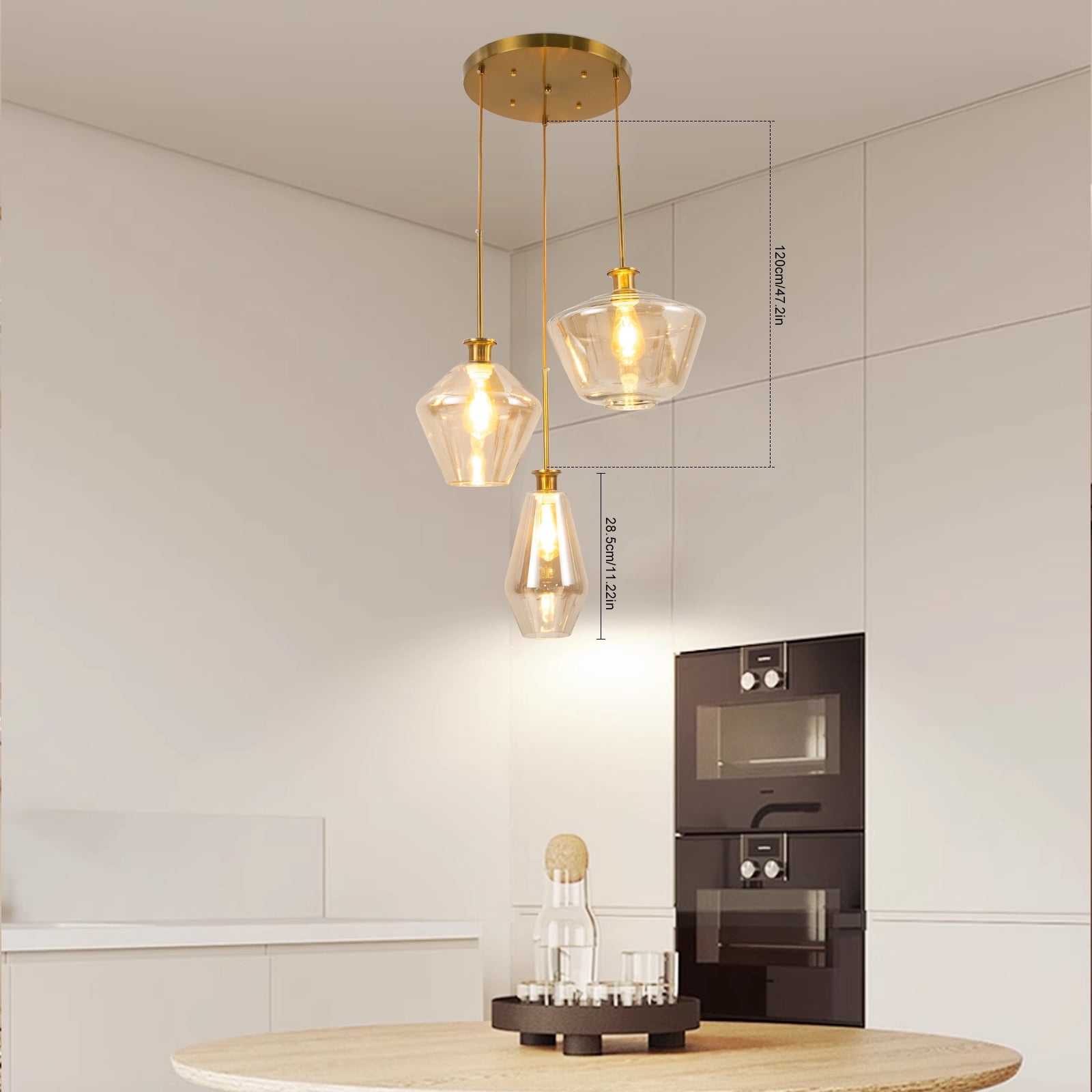 Champagne Gold Glass 3 Heads Hanging Pendant Light Flush Mount Ceiling Light Fixture Modern Glass Lamp Chandelier for Home Kitchen Hotel Coffee Bar Dining Room