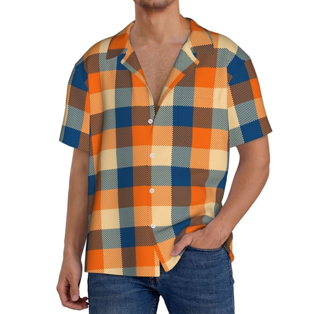 Fotbe Warm Orange Plaid Camisa Estampada de Manga Corta para Hombre, Casual de Verano, Estilo Playero, Sin Arrugas-X-Large
