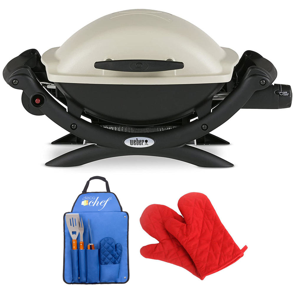 Weber 50060001 Q 1000 Portable Gas Grill Liquid Propane Titanium Bundle with Deco Essentials 3 Pcs BBQ Tool Set with Custom Blue Apron, Spatula, Tongs, Fork and Oven Mitt and Pair of Red Oven Mitt - image 1 of 10