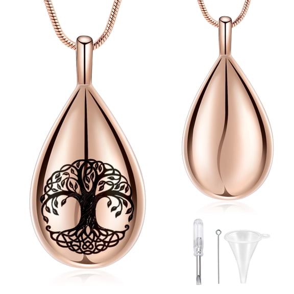 Teardrop Tree of life printed cremation pendant small urns for ashes keepsake urn necklace cremation ashes jewellery keepsake mini urns-Color Rose Gold