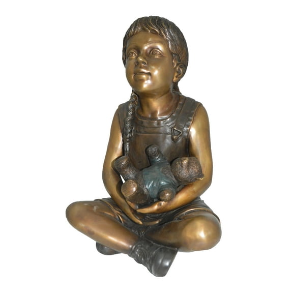 Nifao Sitting Girl with Bear Bronze Statue ss – Home Decor Sculpture, 13"L x 12"W x 15"H