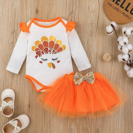 

Hunpta Infant Girls Thanksgiving Day Long Sleeve Cartoon Prints Romper Bodysuits Tulle Skirt Newborn Outfits