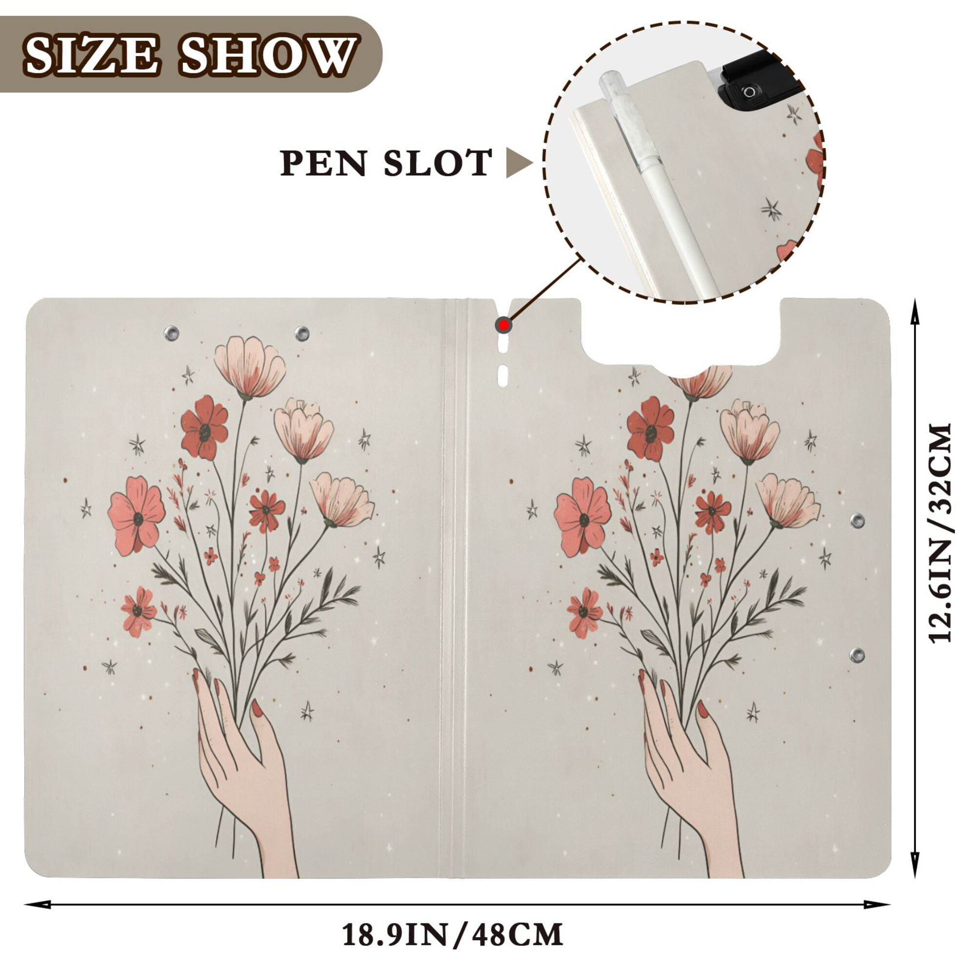 FORMRS A4 Clipboard Folder with Pen Holder Horizontal Foldable School Office Binder, Red Flower