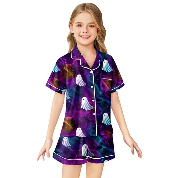 CAIVO Kids Girls Halloween Ghost Printed Imitation Silk 2 Piece Pajama Sets Lapel Short Sleeve Button Down Shirt With Shorts Nightwear