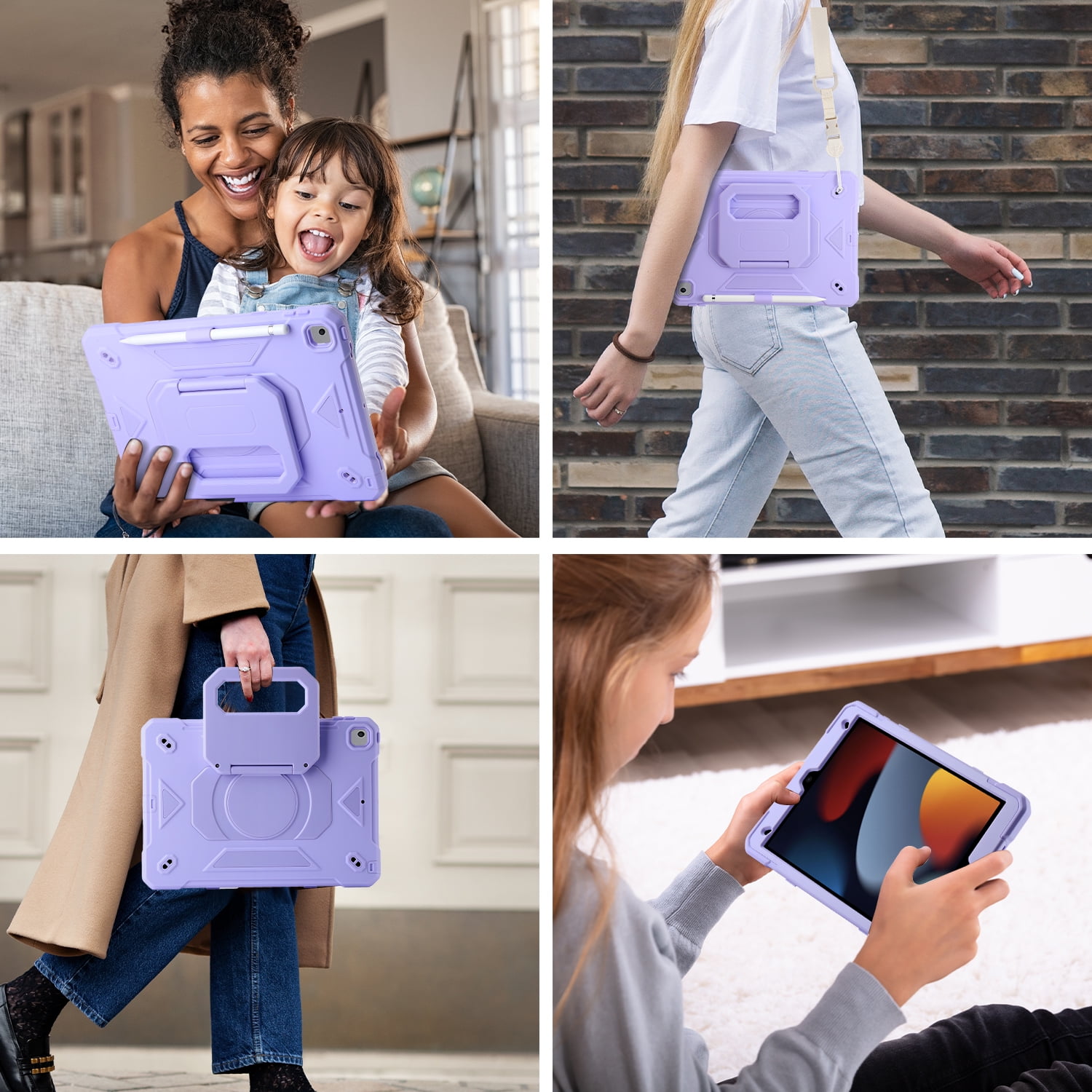 Allytechgroup Heavy Duty Shockproof Case Cover for Apple iPad 9th 8th 7th Generation, Ultimate Protection with Handle Stand, Shoulder Strap, and Pencil Holder Kids Friendly, Lightpurple