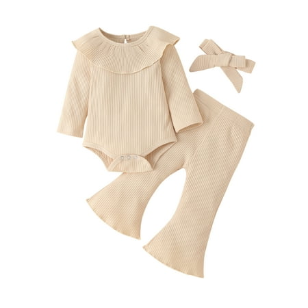 

Infant Baby Girls Clothes Sets Solid Long Sleeve Ruffles Collar Romper Tops Flare Pant Headband