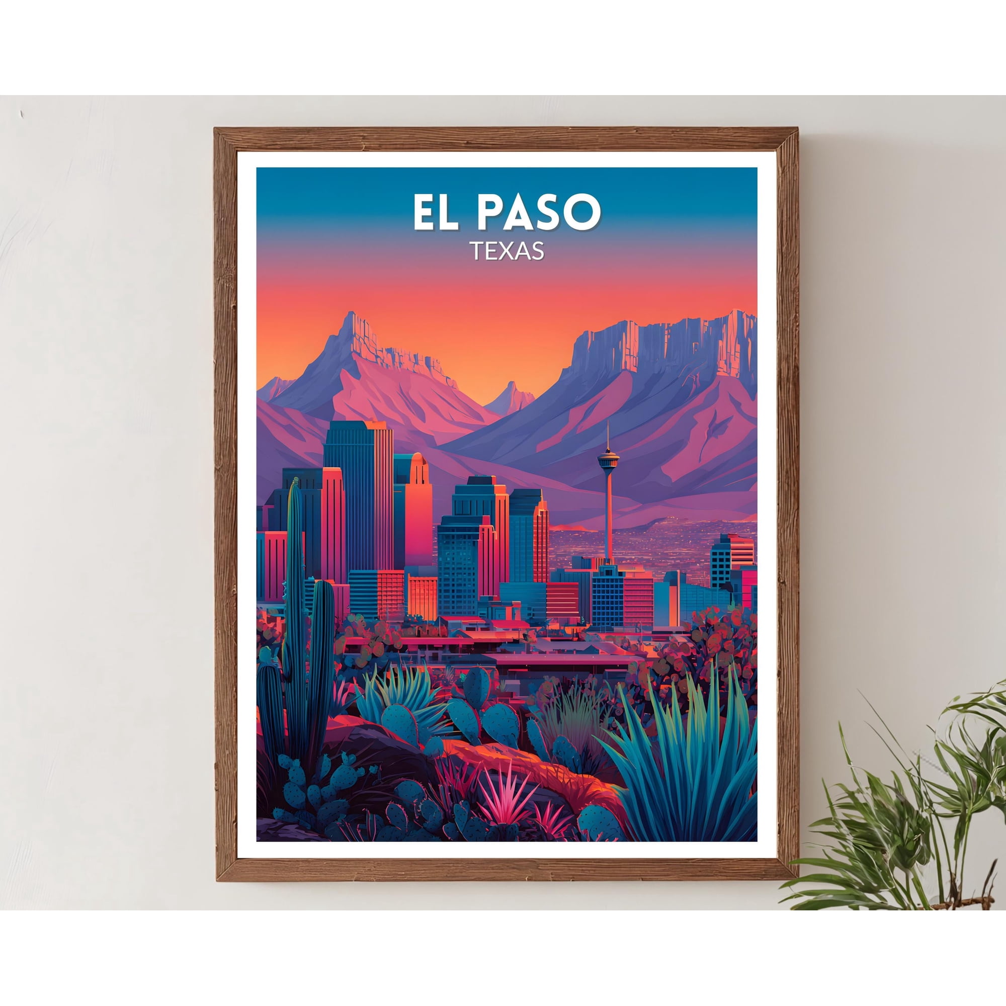 El Paso Texas Vibrant Travel Retro Futuristic Wall Colorful Desert Landscape Modern Southwest Travel Wall Art Poster , Poster Print Only