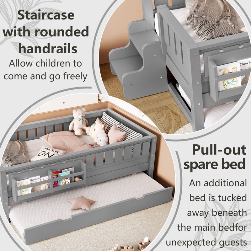 Twin Size Low-Profile Kid's Platform Bed with Built-in Bookshelves & Small Staircase, Wooden Bed Frame with Safety Rails & Trundle