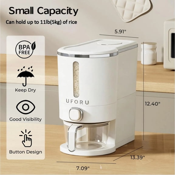 UFORU Airtight Rice Dispenser with Measuring Cup, Insect-Proof Grain Storage Container, Moisture-Resistant Food Storage Bin for Rice, Grains, Cereals, Kitchen & Pantry Use