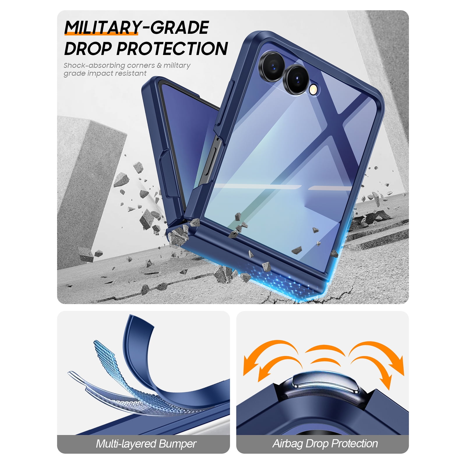 Oupeigar for Samsung Galaxy Z Flip 7 Armor Phone Case,With Hinge Protection,Screen Protector Shockproof Rugged Phone Cover Wireless Charging-Blue