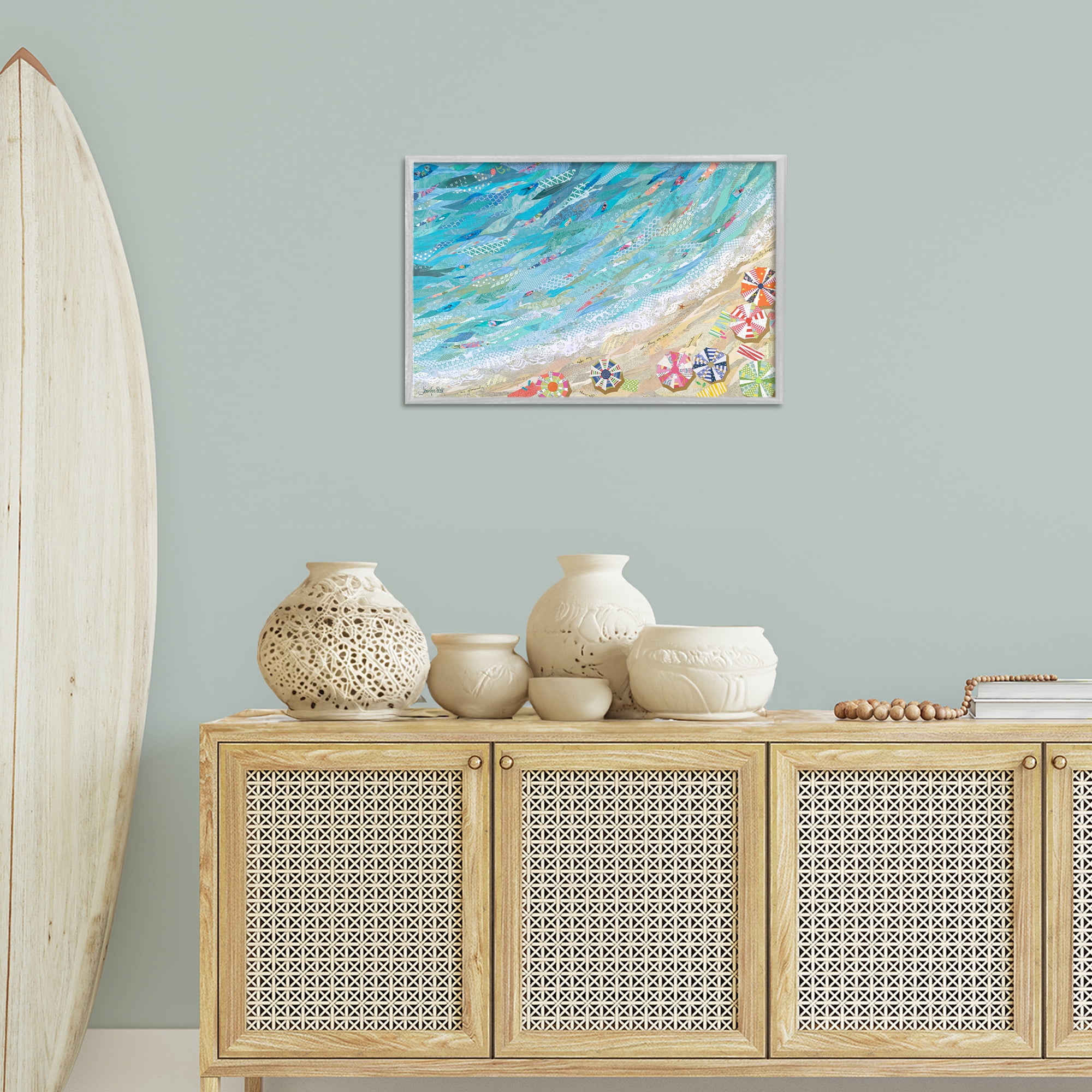 Stupell Industries Collaged Aerial Beach View Coastal Painting Gray Framed Art Print Wall Art, 24 x 16