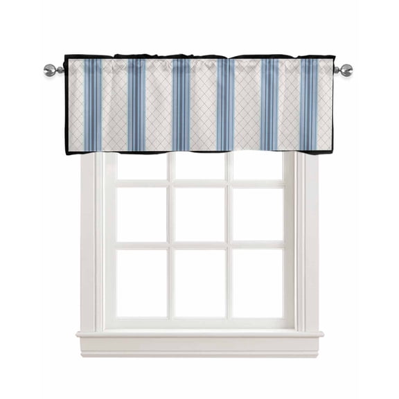 Blue Beige Linen Curtain Valance for Bedroom/Bathroom/Kitchen/Office/Living/Dining Room Window,Farmhouse Geometric Lattice Buffalo Plaid Pocket Topper Drapes Decorative Cafe Drapery Panel 54"x18"